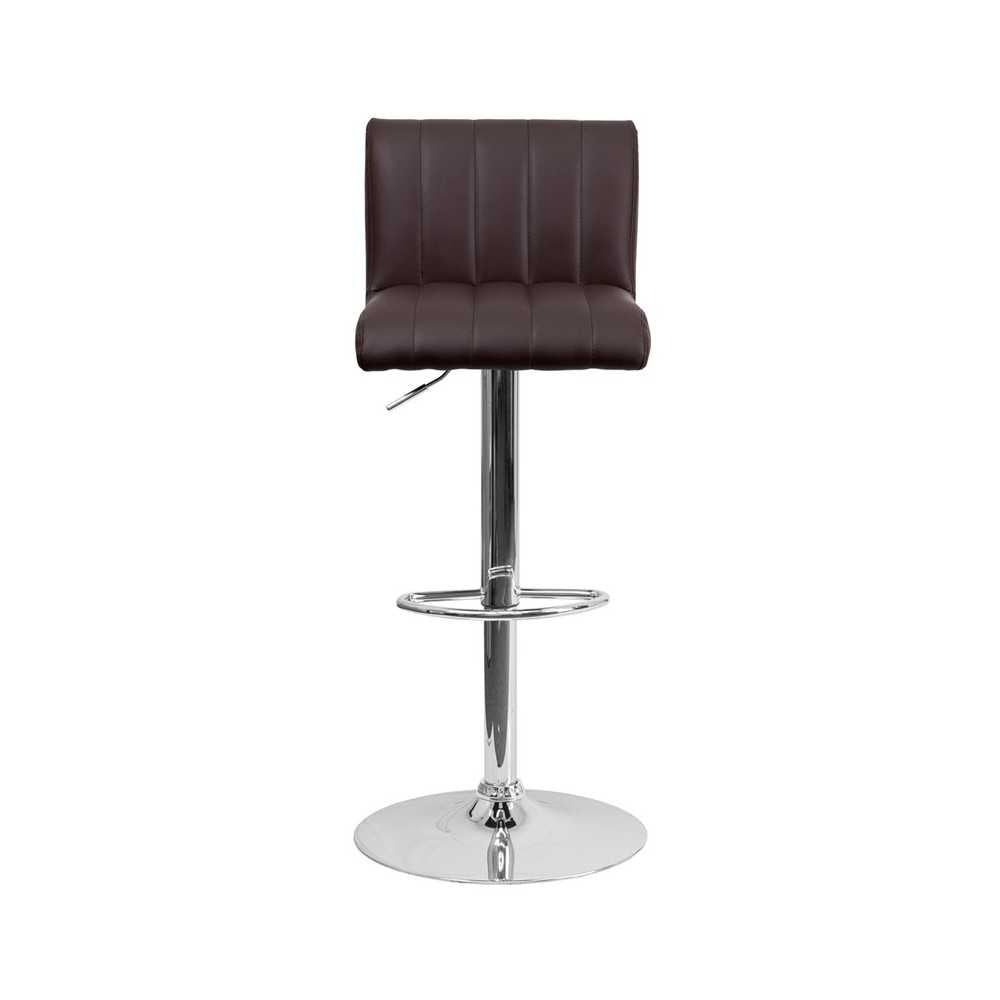 Contemporary Brown Vinyl Adjustable Height Barstool with Vertical Stitch Back/Seat and Chrome Base