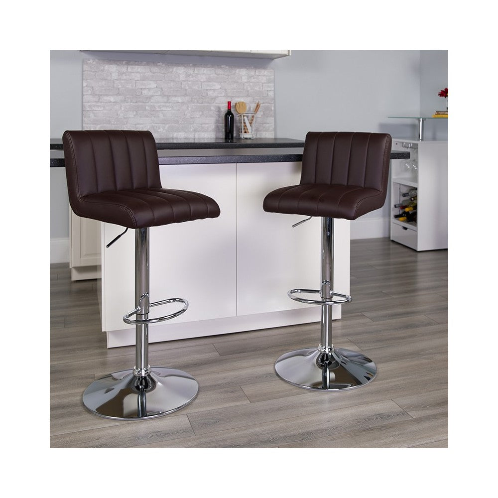 Contemporary Brown Vinyl Adjustable Height Barstool with Vertical Stitch Back/Seat and Chrome Base