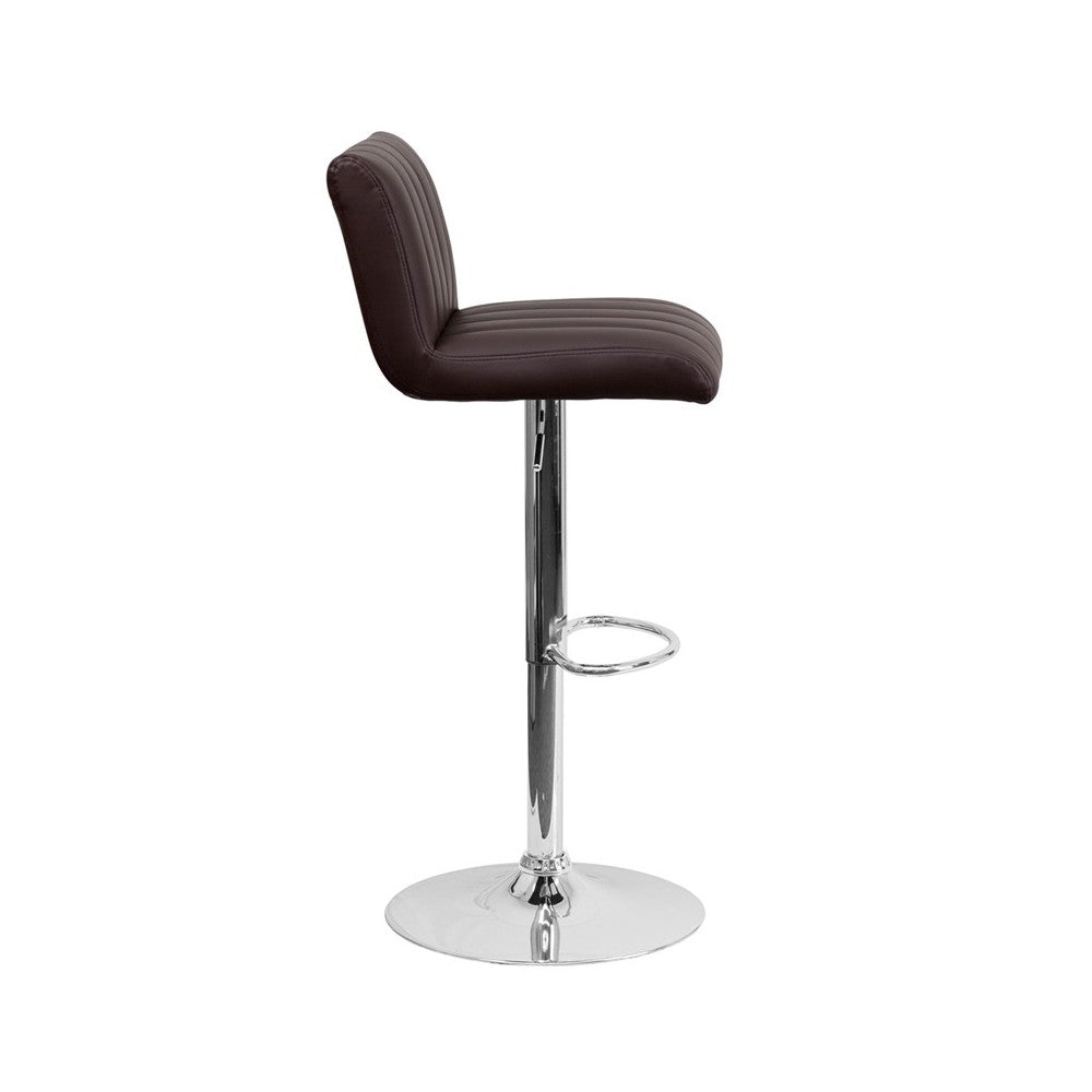 Contemporary Brown Vinyl Adjustable Height Barstool with Vertical Stitch Back/Seat and Chrome Base