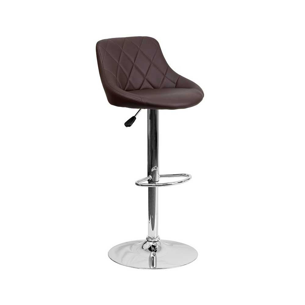 Contemporary Brown Vinyl Bucket Seat Adjustable Height Barstool with Diamond Pattern Back and Chrome Base