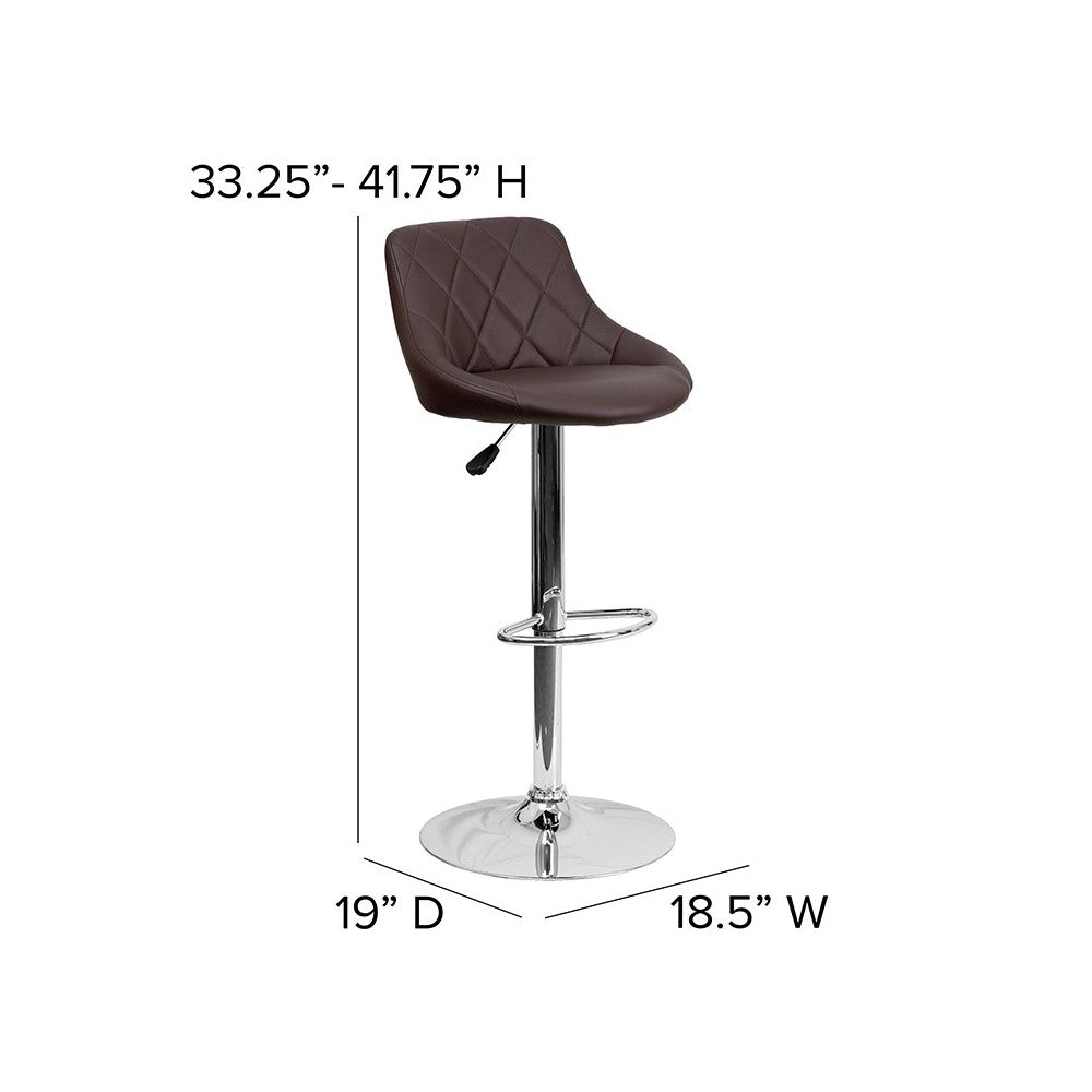 Contemporary Brown Vinyl Bucket Seat Adjustable Height Barstool with Diamond Pattern Back and Chrome Base