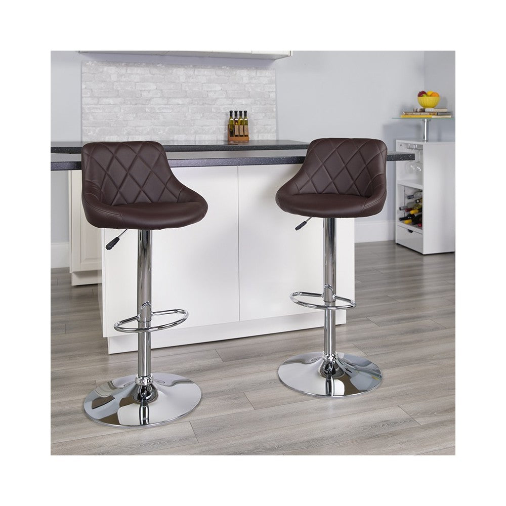 Contemporary Brown Vinyl Bucket Seat Adjustable Height Barstool with Diamond Pattern Back and Chrome Base