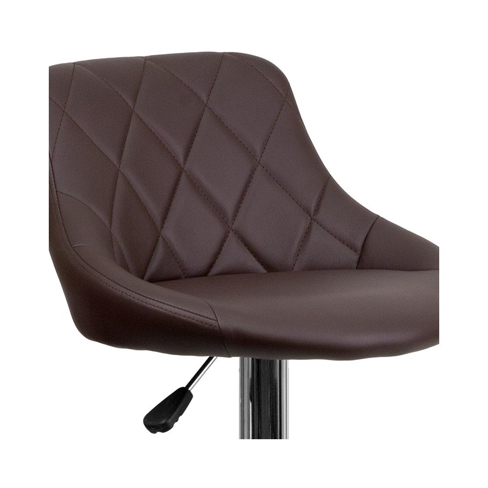 Contemporary Brown Vinyl Bucket Seat Adjustable Height Barstool with Diamond Pattern Back and Chrome Base