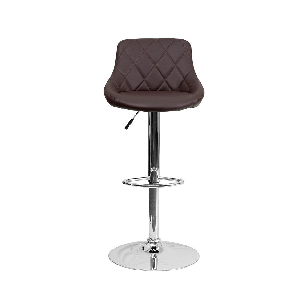 Contemporary Brown Vinyl Bucket Seat Adjustable Height Barstool with Diamond Pattern Back and Chrome Base