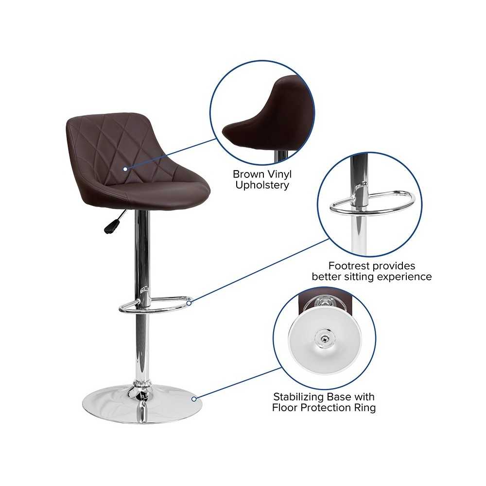 Contemporary Brown Vinyl Bucket Seat Adjustable Height Barstool with Diamond Pattern Back and Chrome Base