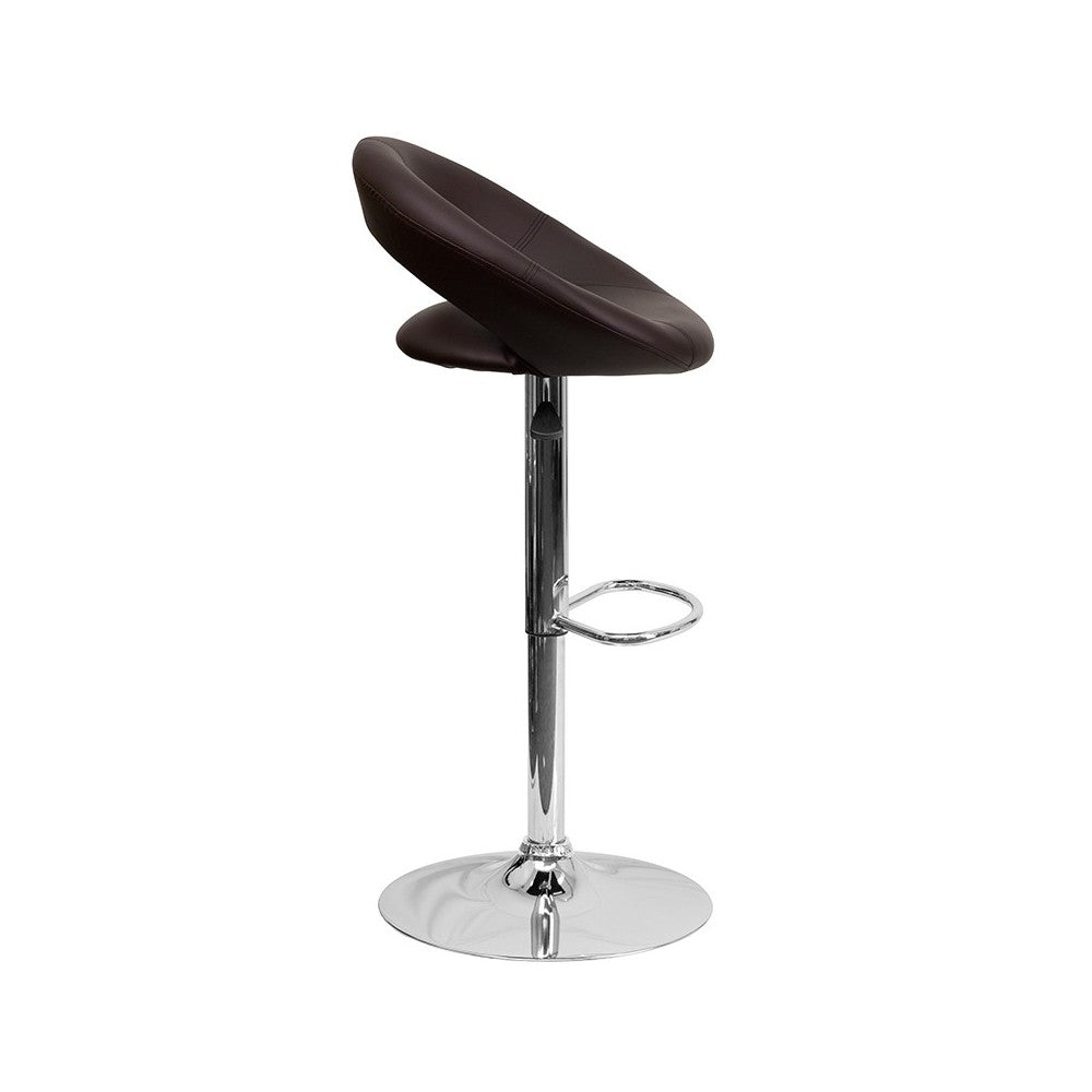 Contemporary Brown Vinyl Rounded Orbit-Style Back Adjustable Height Barstool with Chrome Base