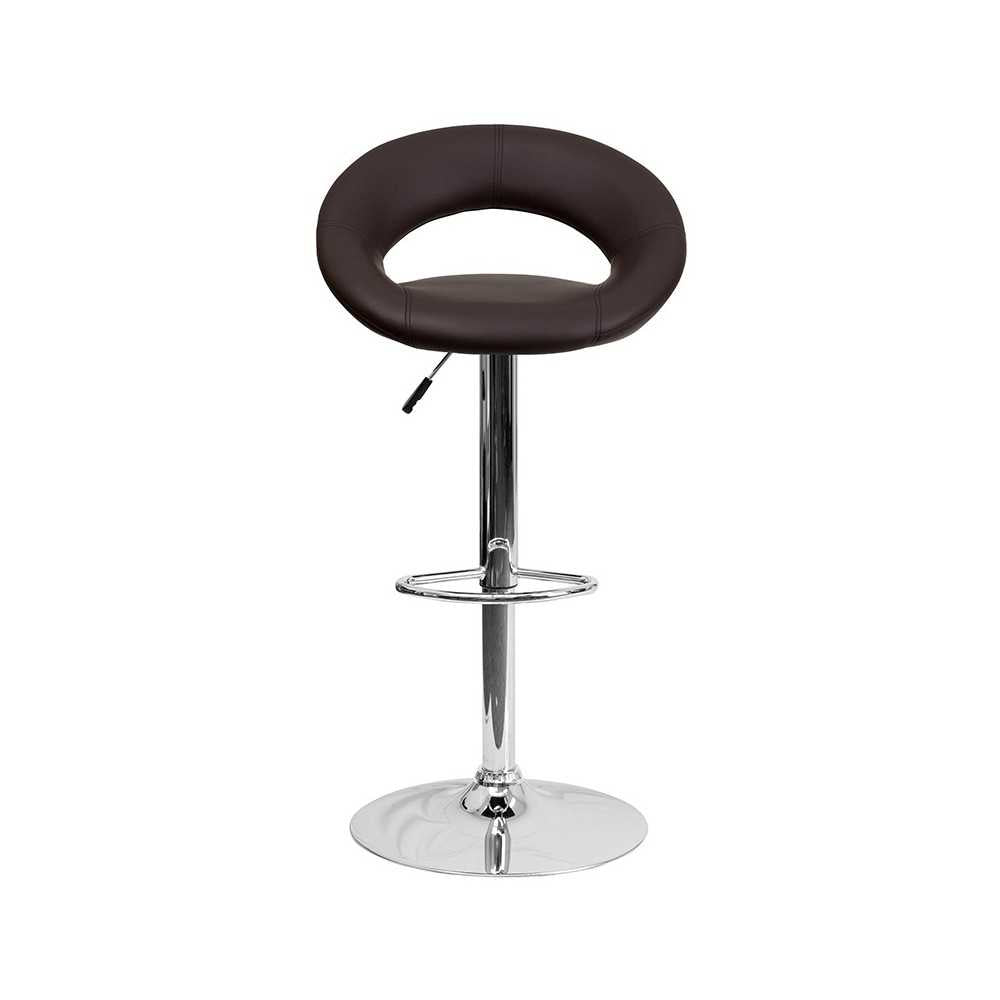 Contemporary Brown Vinyl Rounded Orbit-Style Back Adjustable Height Barstool with Chrome Base