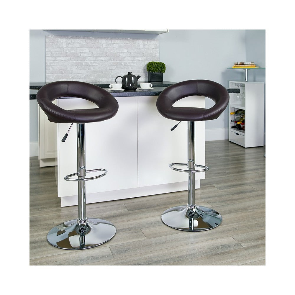 Contemporary Brown Vinyl Rounded Orbit-Style Back Adjustable Height Barstool with Chrome Base