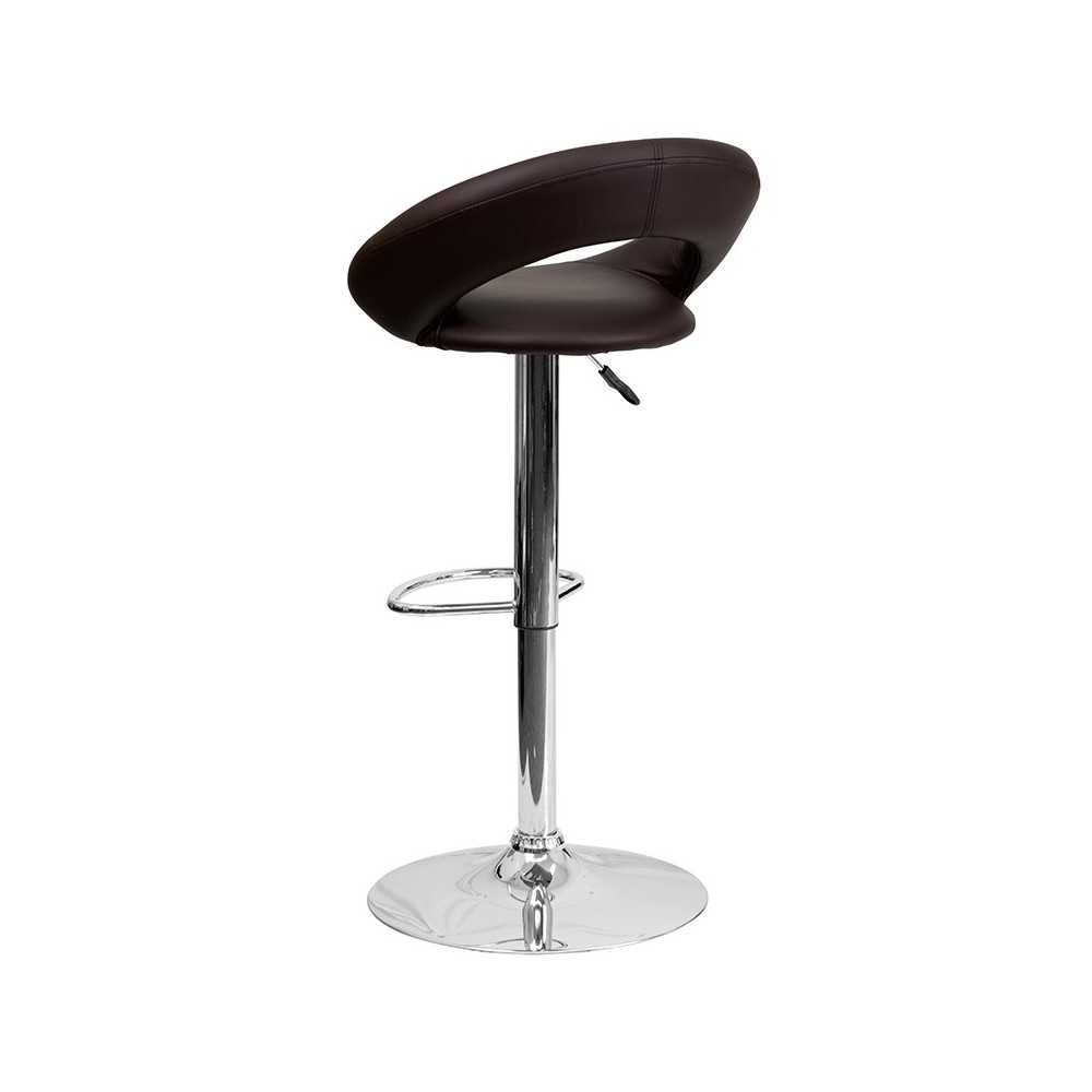 Contemporary Brown Vinyl Rounded Orbit-Style Back Adjustable Height Barstool with Chrome Base