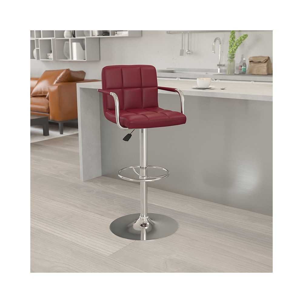 Contemporary Burgundy Quilted Vinyl Adjustable Height Barstool with Arms and Chrome Base