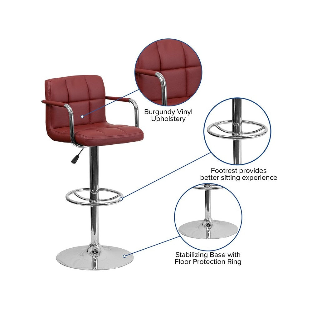 Contemporary Burgundy Quilted Vinyl Adjustable Height Barstool with Arms and Chrome Base