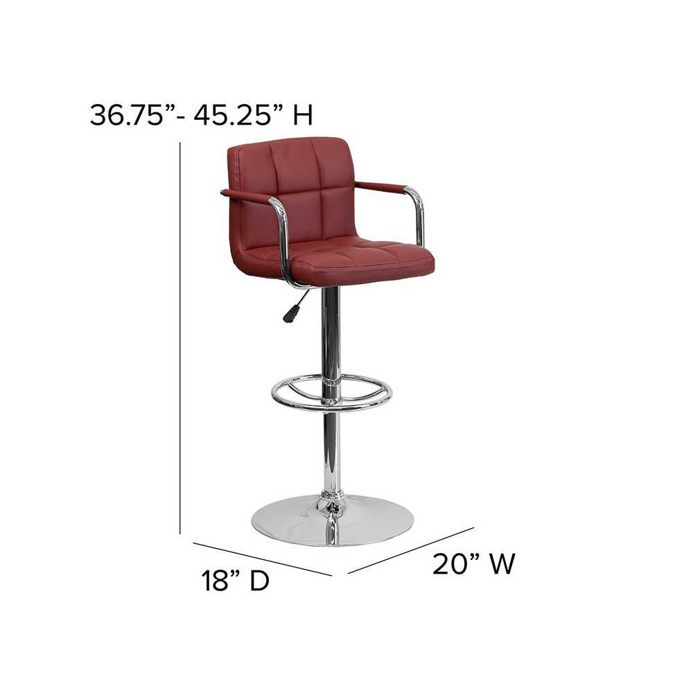 Contemporary Burgundy Quilted Vinyl Adjustable Height Barstool with Arms and Chrome Base