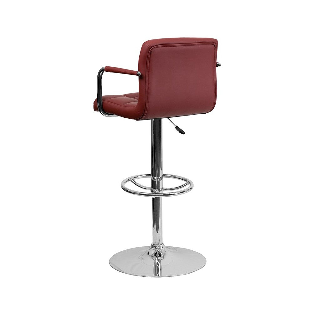 Contemporary Burgundy Quilted Vinyl Adjustable Height Barstool with Arms and Chrome Base