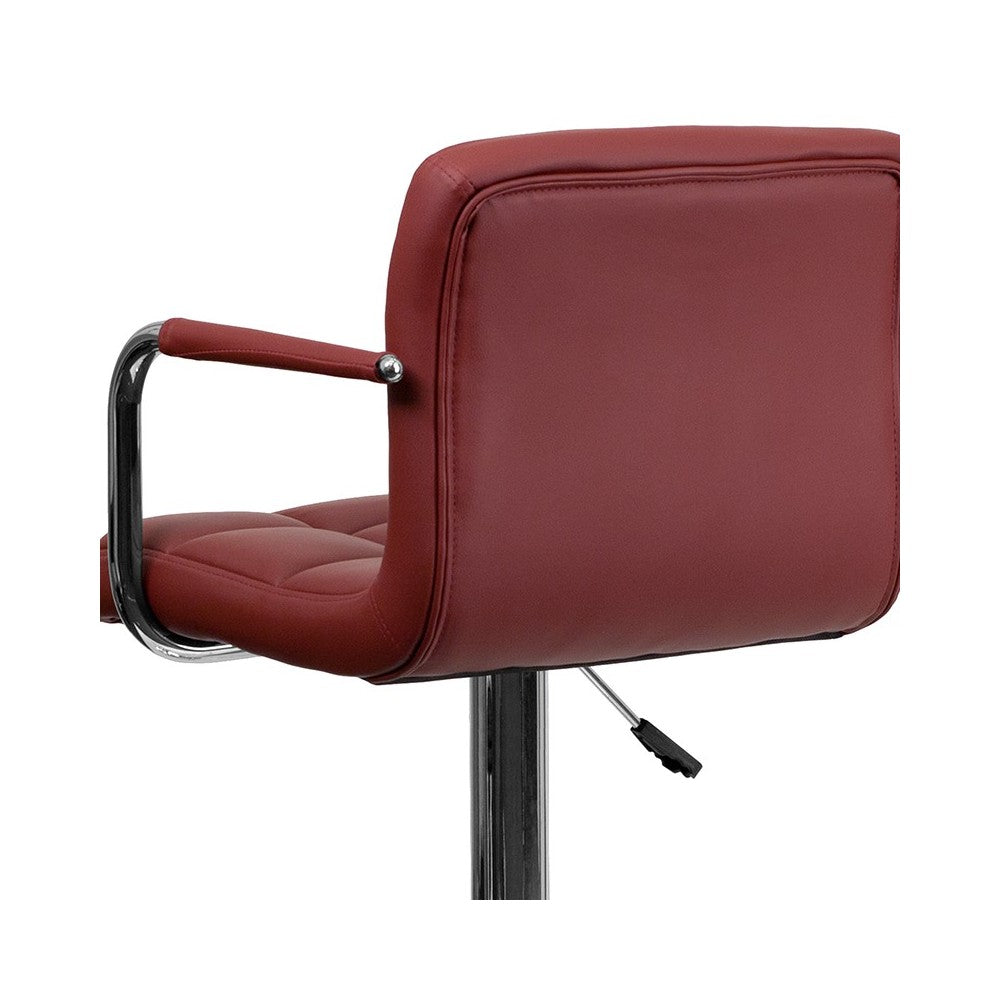 Contemporary Burgundy Quilted Vinyl Adjustable Height Barstool with Arms and Chrome Base