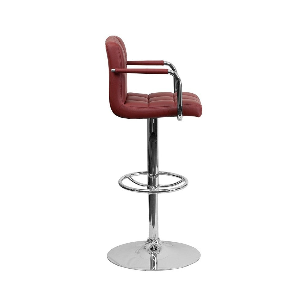 Contemporary Burgundy Quilted Vinyl Adjustable Height Barstool with Arms and Chrome Base