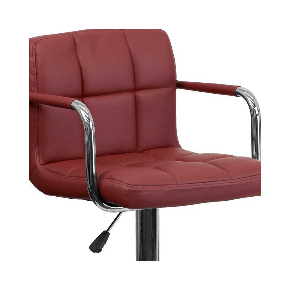 Contemporary Burgundy Quilted Vinyl Adjustable Height Barstool with Arms and Chrome Base