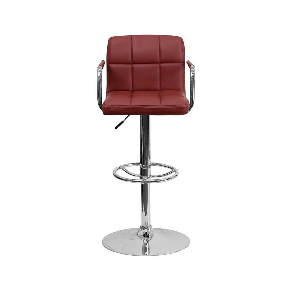 Contemporary Burgundy Quilted Vinyl Adjustable Height Barstool with Arms and Chrome Base