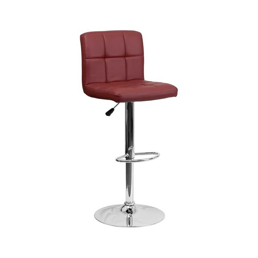 Contemporary Burgundy Quilted Vinyl Adjustable Height Barstool with Chrome Base