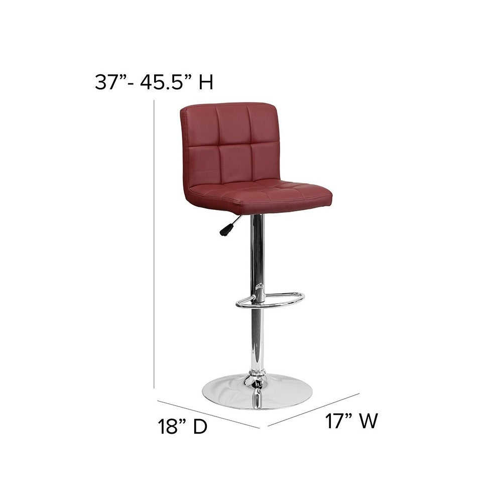 Contemporary Burgundy Quilted Vinyl Adjustable Height Barstool with Chrome Base