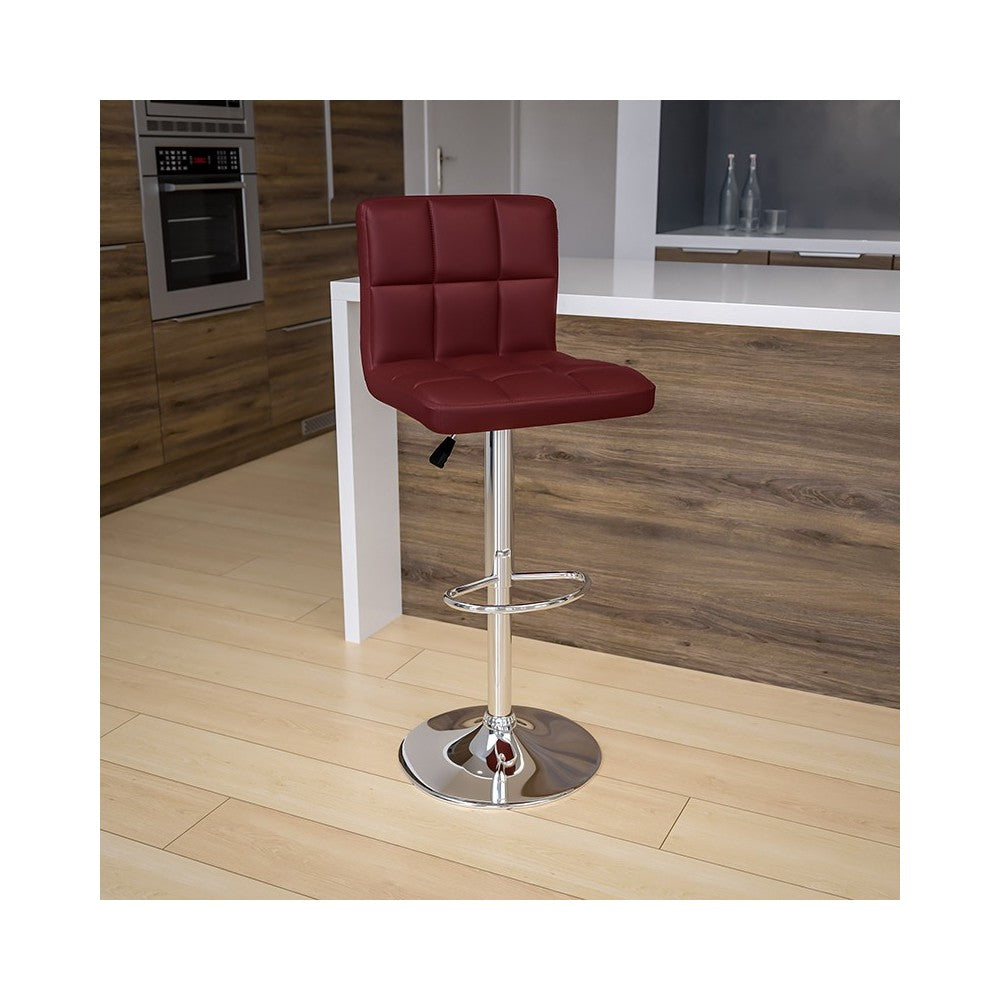 Contemporary Burgundy Quilted Vinyl Adjustable Height Barstool with Chrome Base