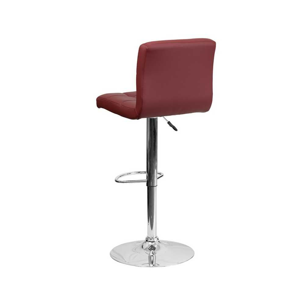 Contemporary Burgundy Quilted Vinyl Adjustable Height Barstool with Chrome Base