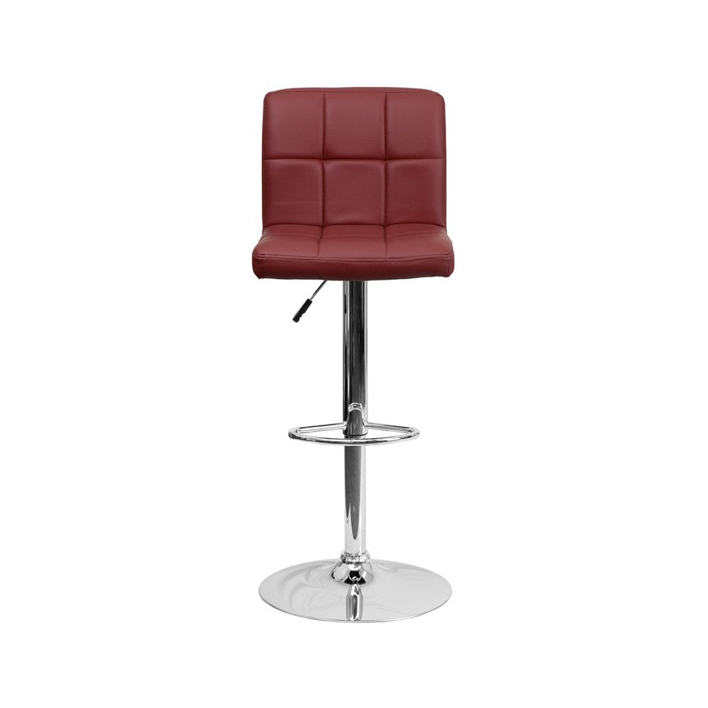 Contemporary Burgundy Quilted Vinyl Adjustable Height Barstool with Chrome Base