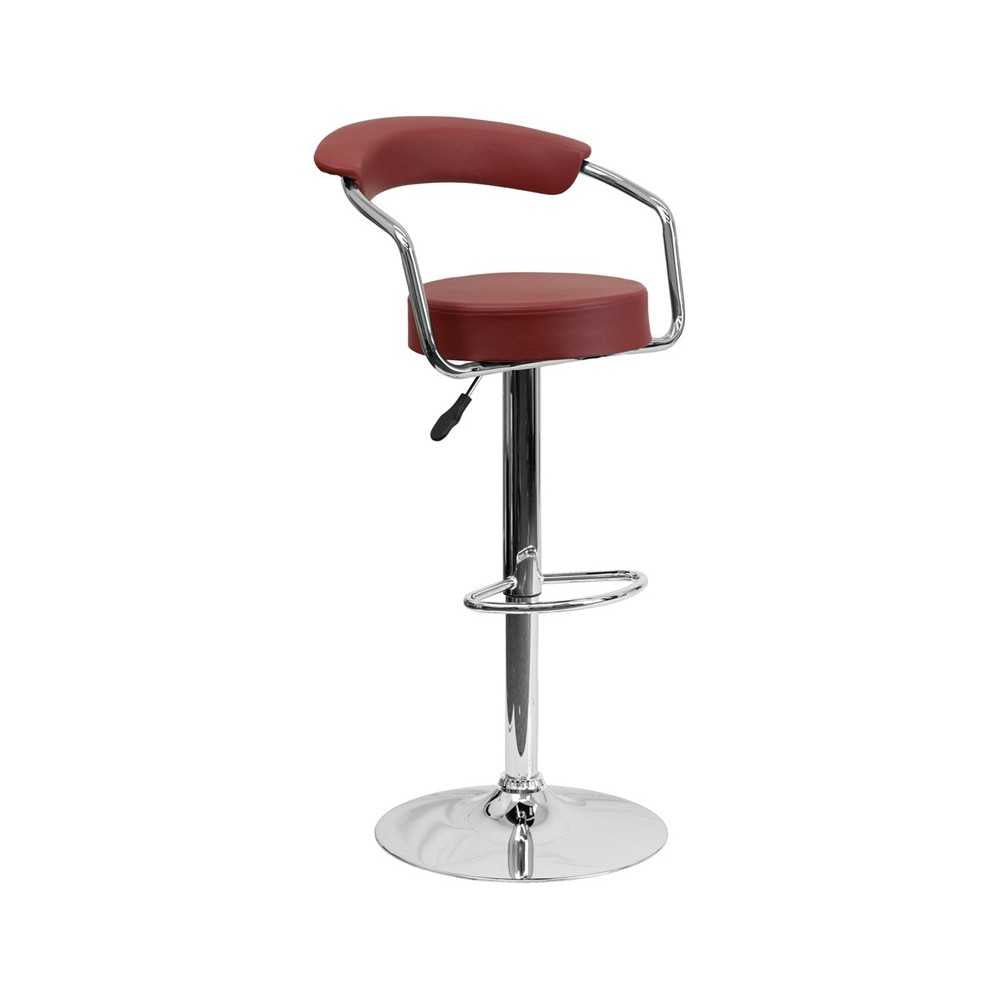 Contemporary Burgundy Vinyl Adjustable Height Barstool with Arms and Chrome Base