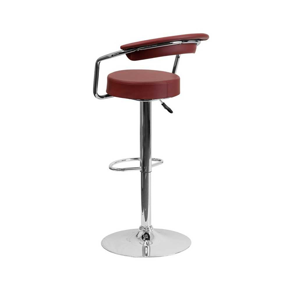 Contemporary Burgundy Vinyl Adjustable Height Barstool with Arms and Chrome Base