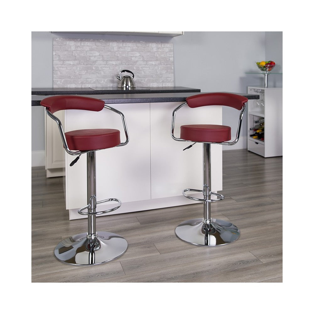 Contemporary Burgundy Vinyl Adjustable Height Barstool with Arms and Chrome Base