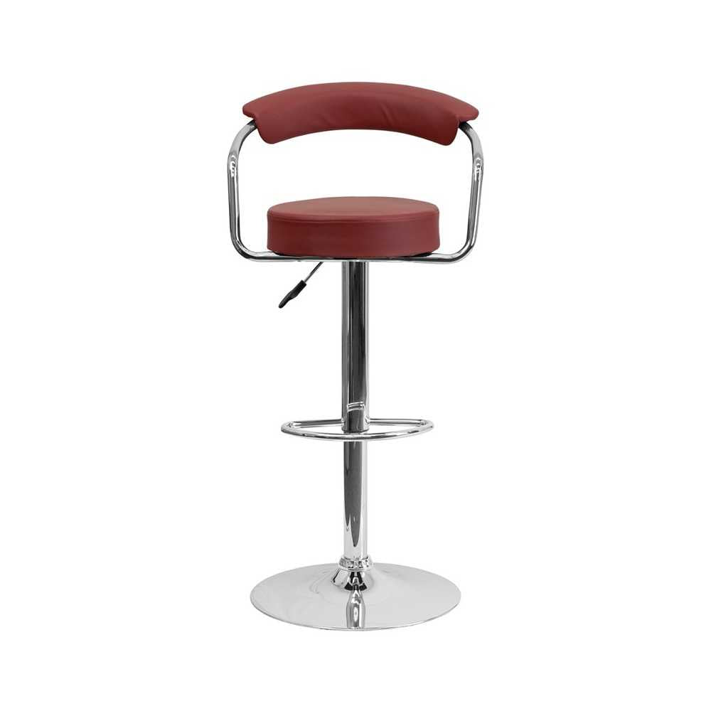 Contemporary Burgundy Vinyl Adjustable Height Barstool with Arms and Chrome Base