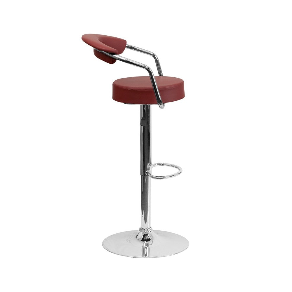 Contemporary Burgundy Vinyl Adjustable Height Barstool with Arms and Chrome Base