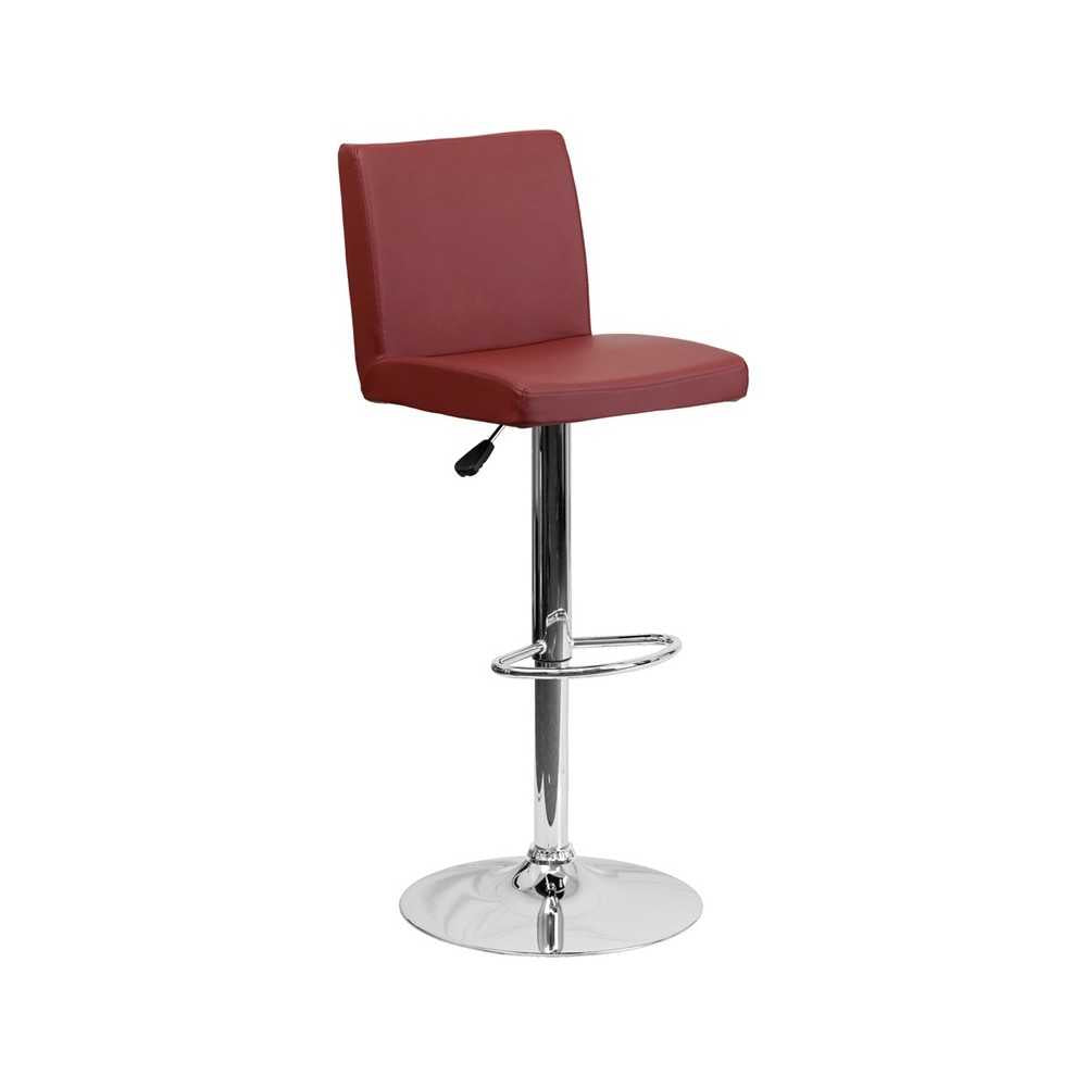 Contemporary Burgundy Vinyl Adjustable Height Barstool with Panel Back and Chrome Base