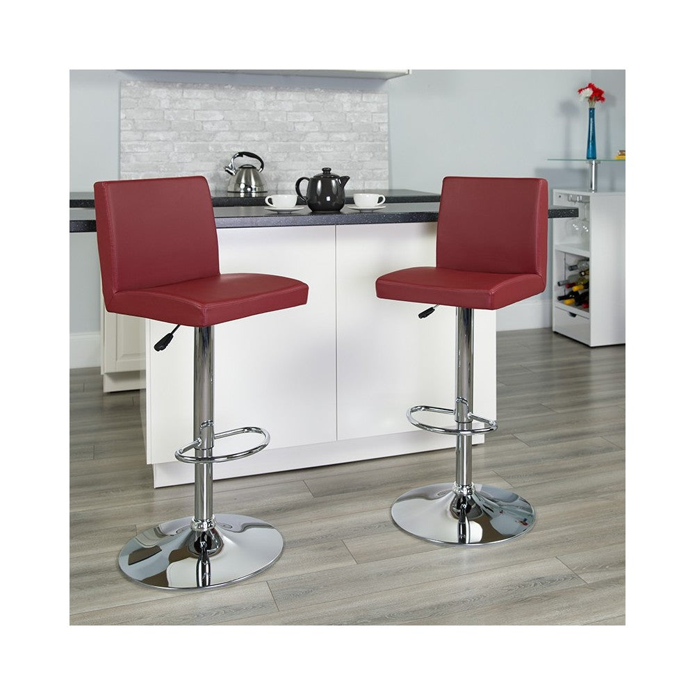 Contemporary Burgundy Vinyl Adjustable Height Barstool with Panel Back and Chrome Base