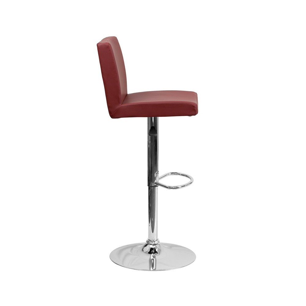 Contemporary Burgundy Vinyl Adjustable Height Barstool with Panel Back and Chrome Base