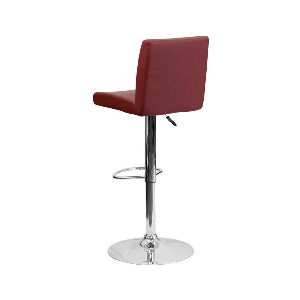 Contemporary Burgundy Vinyl Adjustable Height Barstool with Panel Back and Chrome Base