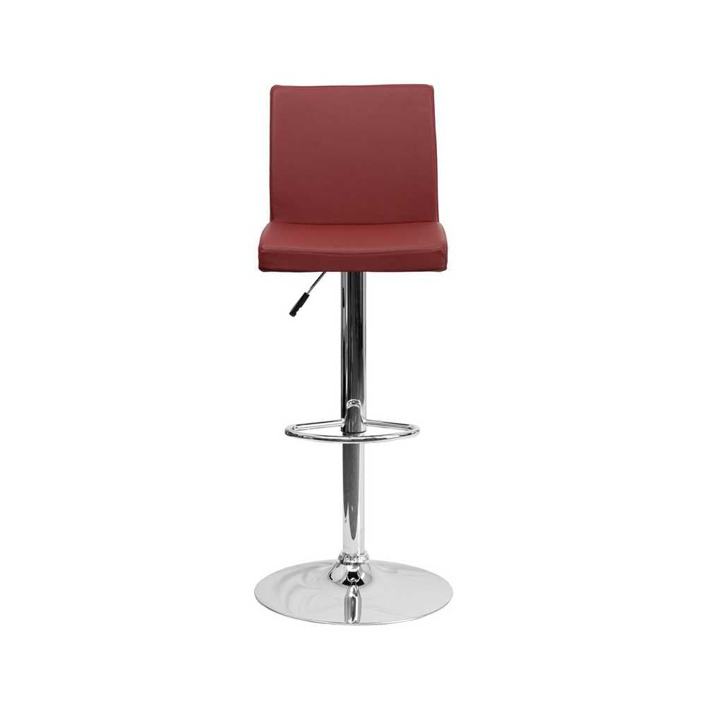 Contemporary Burgundy Vinyl Adjustable Height Barstool with Panel Back and Chrome Base