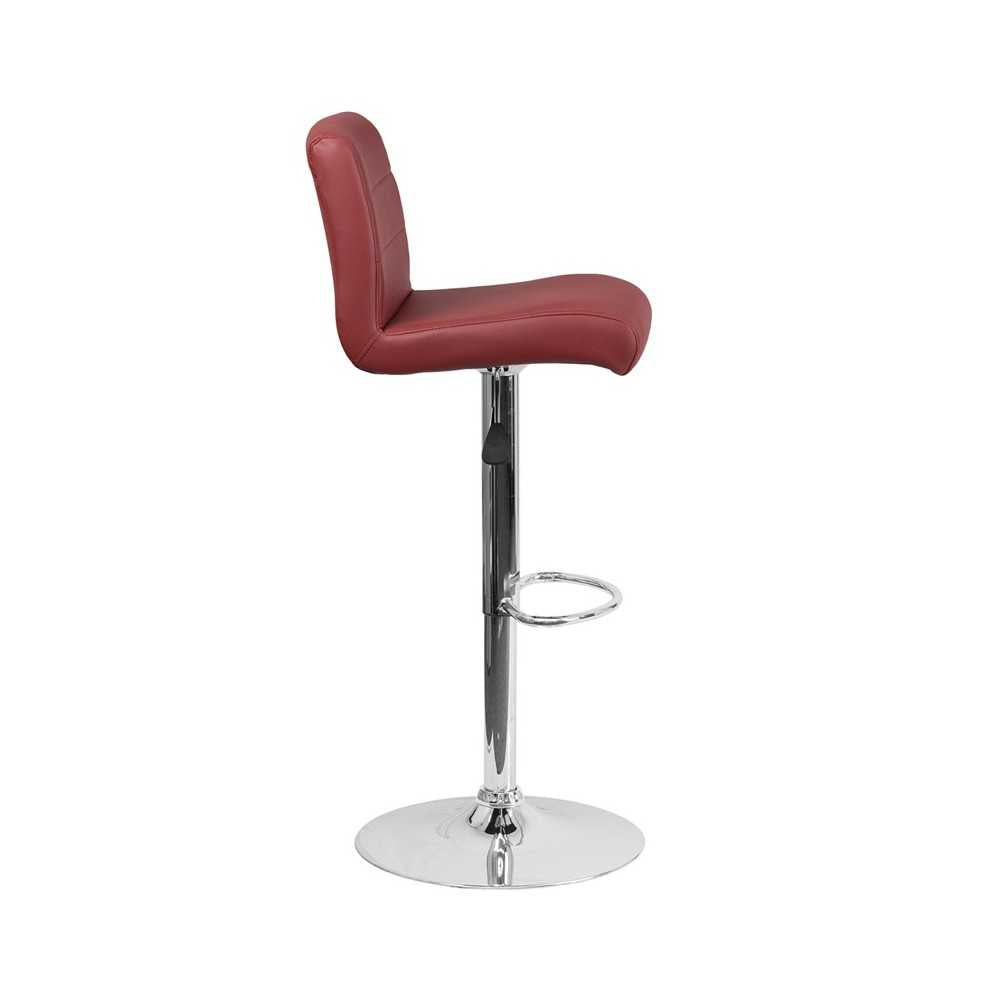 Contemporary Burgundy Vinyl Adjustable Height Barstool with Rolled Seat and Chrome Base