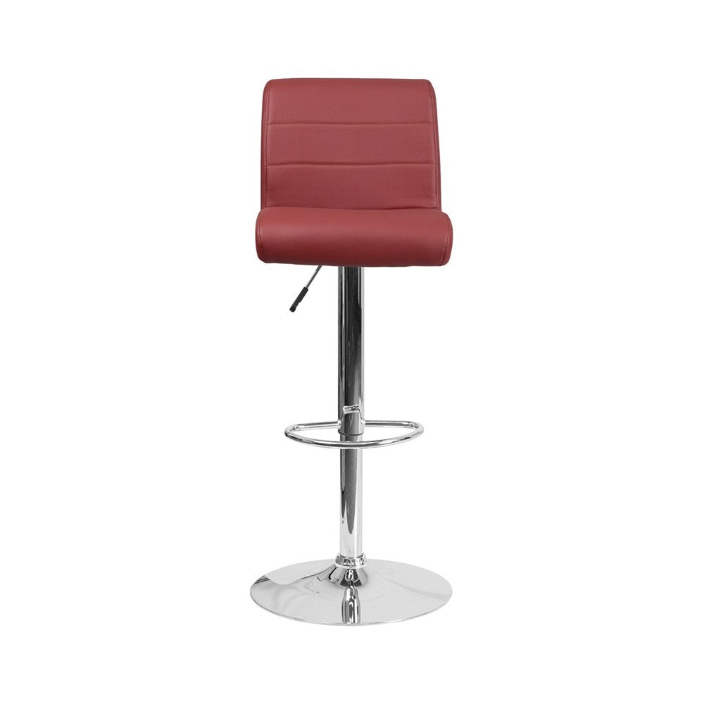 Contemporary Burgundy Vinyl Adjustable Height Barstool with Rolled Seat and Chrome Base