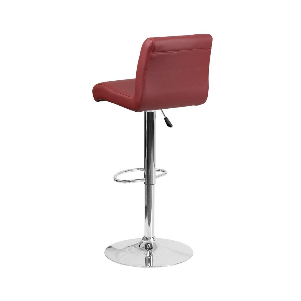 Contemporary Burgundy Vinyl Adjustable Height Barstool with Rolled Seat and Chrome Base