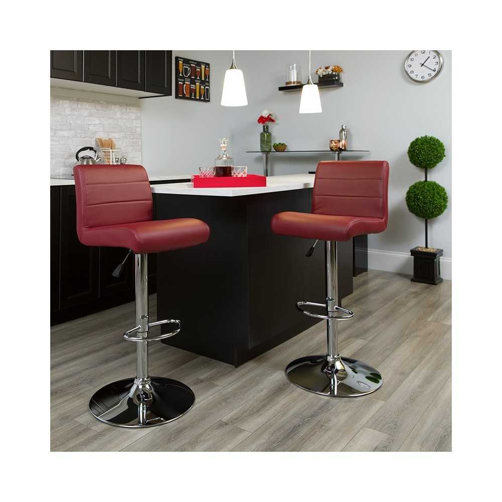 Contemporary Burgundy Vinyl Adjustable Height Barstool with Rolled Seat and Chrome Base