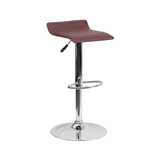 Contemporary Burgundy Vinyl Adjustable Height Barstool with Solid Wave Seat and Chrome Base