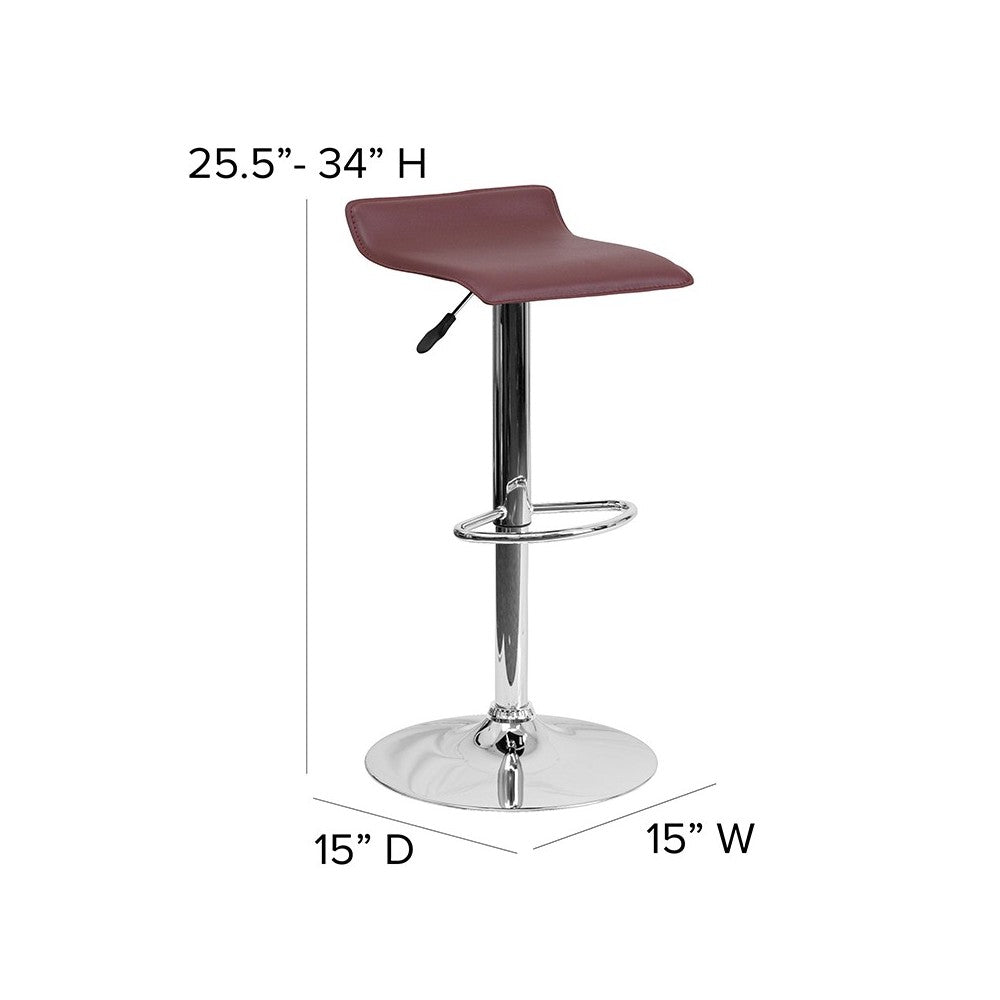 Contemporary Burgundy Vinyl Adjustable Height Barstool with Solid Wave Seat and Chrome Base