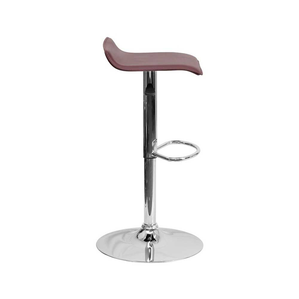 Contemporary Burgundy Vinyl Adjustable Height Barstool with Solid Wave Seat and Chrome Base