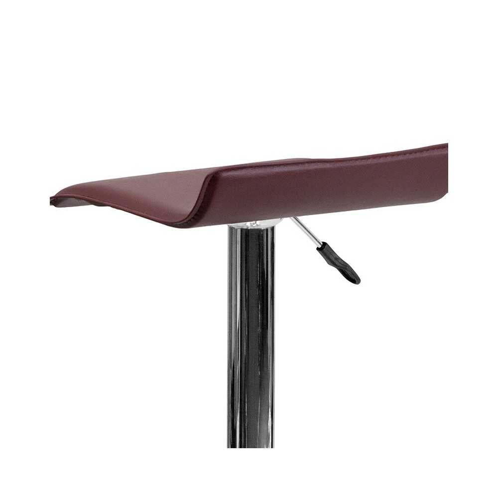 Contemporary Burgundy Vinyl Adjustable Height Barstool with Solid Wave Seat and Chrome Base