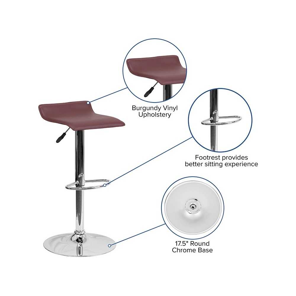 Contemporary Burgundy Vinyl Adjustable Height Barstool with Solid Wave Seat and Chrome Base