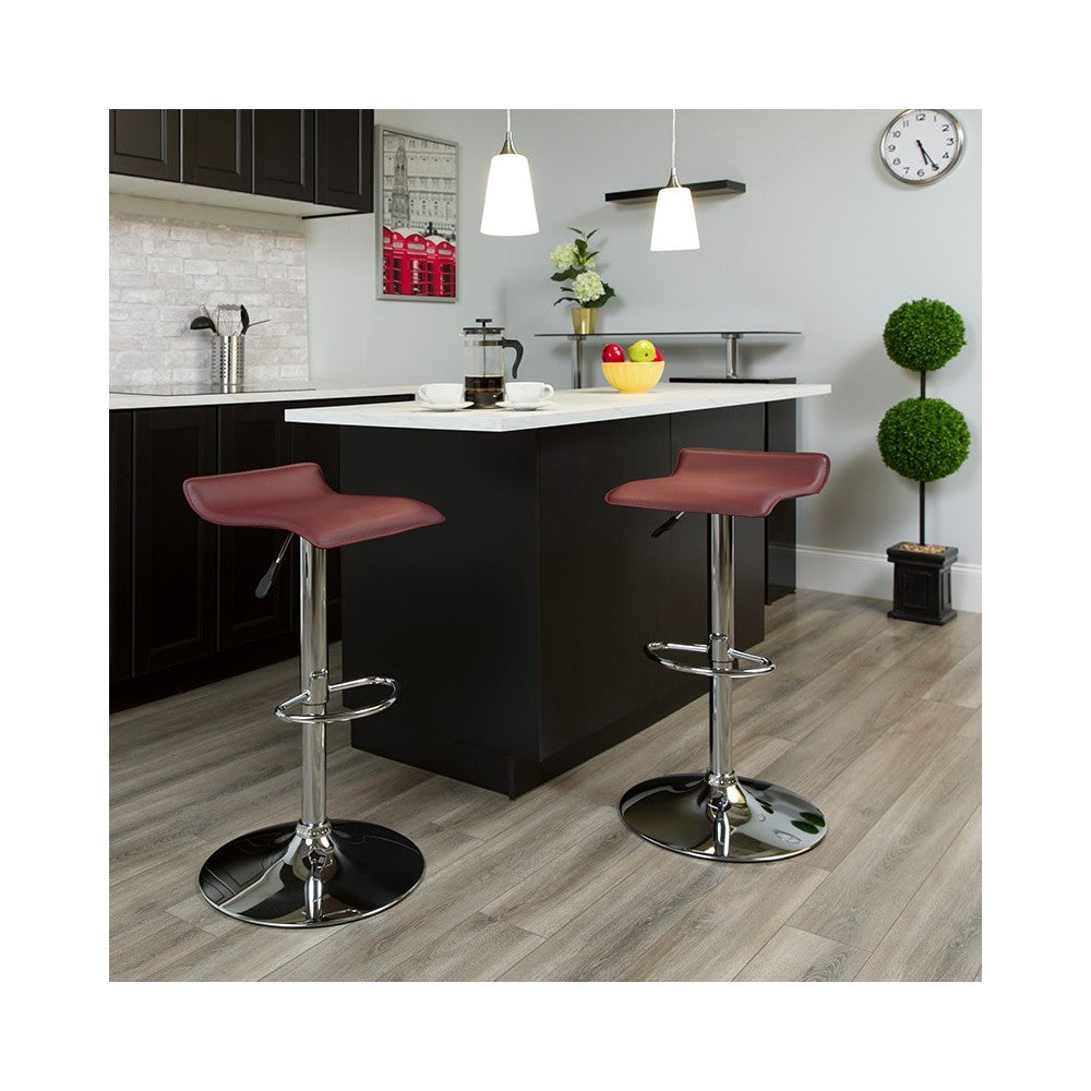 Contemporary Burgundy Vinyl Adjustable Height Barstool with Solid Wave Seat and Chrome Base