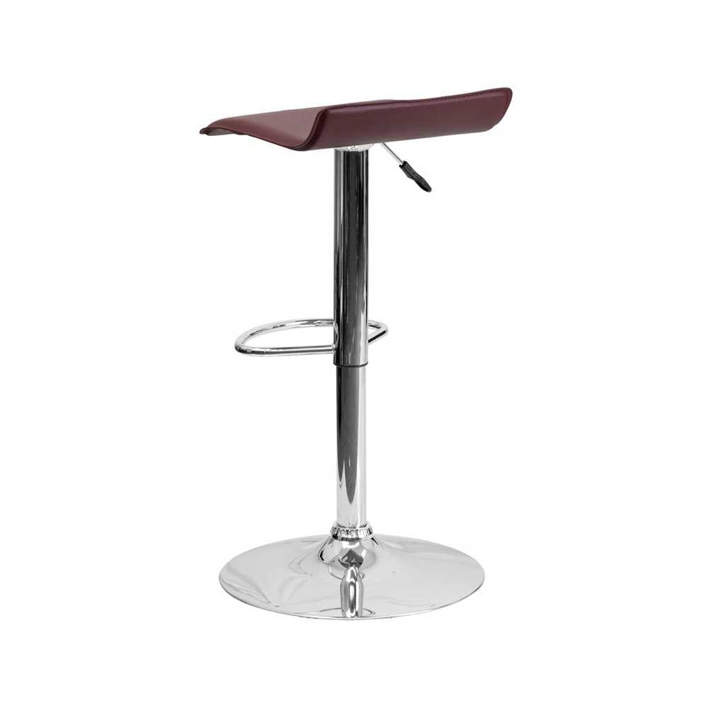 Contemporary Burgundy Vinyl Adjustable Height Barstool with Solid Wave Seat and Chrome Base