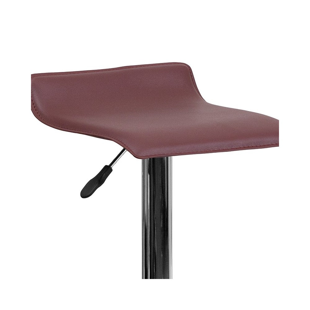 Contemporary Burgundy Vinyl Adjustable Height Barstool with Solid Wave Seat and Chrome Base