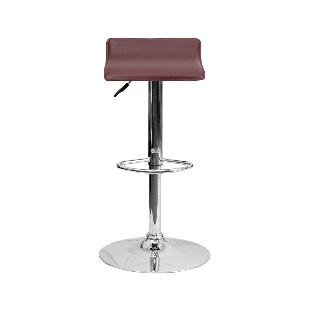 Contemporary Burgundy Vinyl Adjustable Height Barstool with Solid Wave Seat and Chrome Base