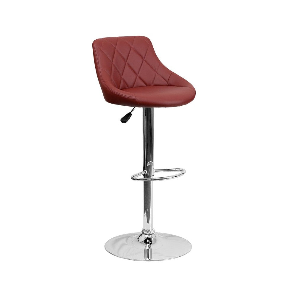 Contemporary Burgundy Vinyl Bucket Seat Adjustable Height Barstool with Diamond Pattern Back and Chrome Base